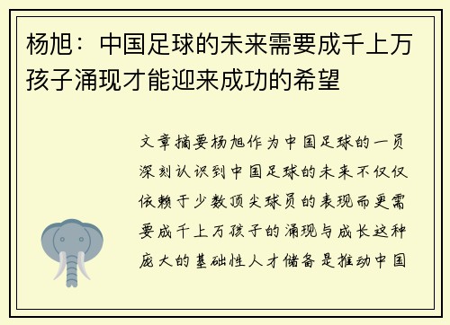 杨旭：中国足球的未来需要成千上万孩子涌现才能迎来成功的希望