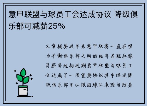 意甲联盟与球员工会达成协议 降级俱乐部可减薪25%