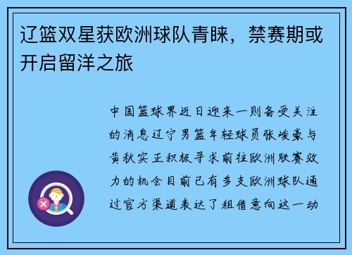 辽篮双星获欧洲球队青睐，禁赛期或开启留洋之旅